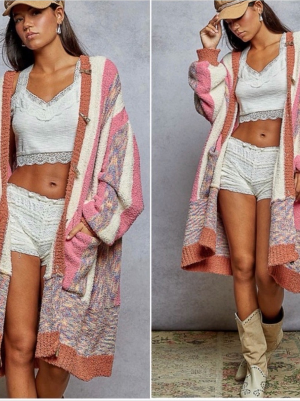 POL YST738 Chenille Cardigan Pink Cream Multicolor Striped Hooded Sweater